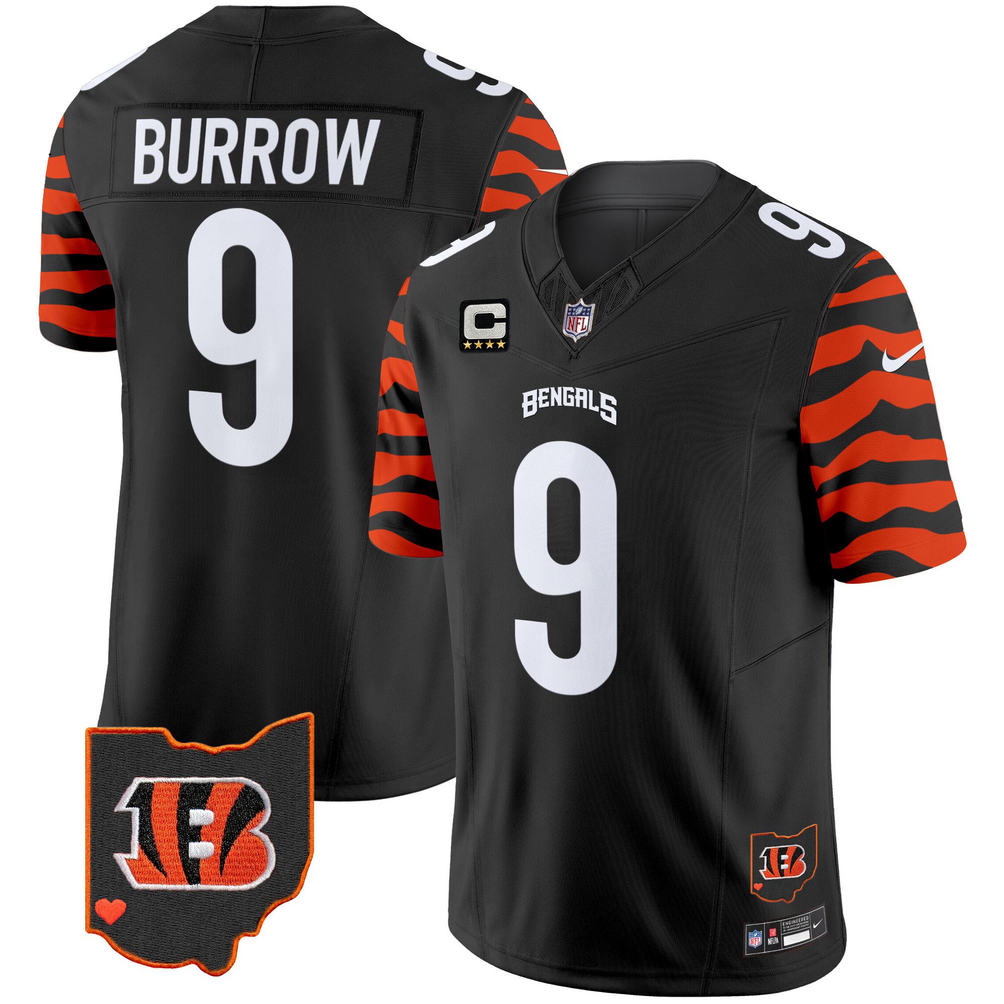 Men Cincinnati Bengals #9 Burrow Black 2024 Nike Stripes Vapor Limited NFL Jersey